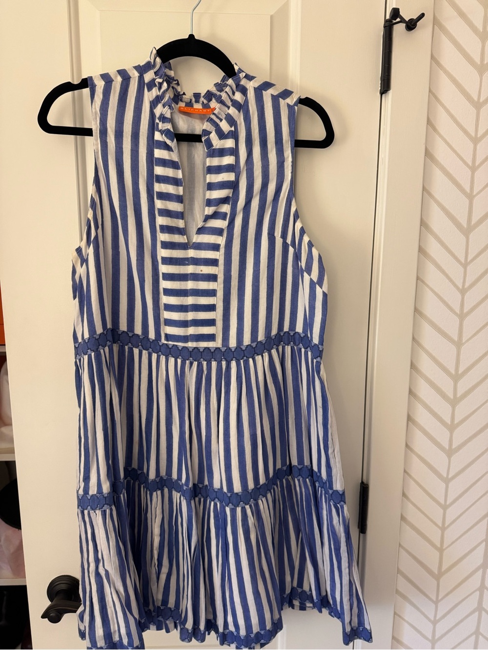 Oliphant Blue and White Striped Sleeveless Ruffle Neck Dress